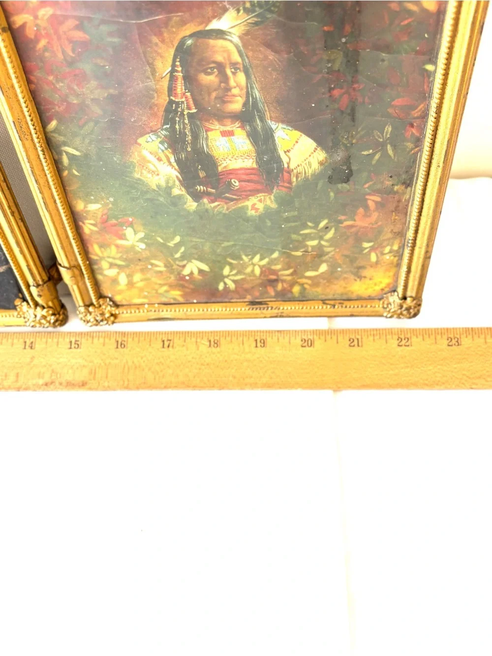 Mirror: Antique Victorian Beveled Tri-Fold Hanging Brass Indian Floral Wall Art